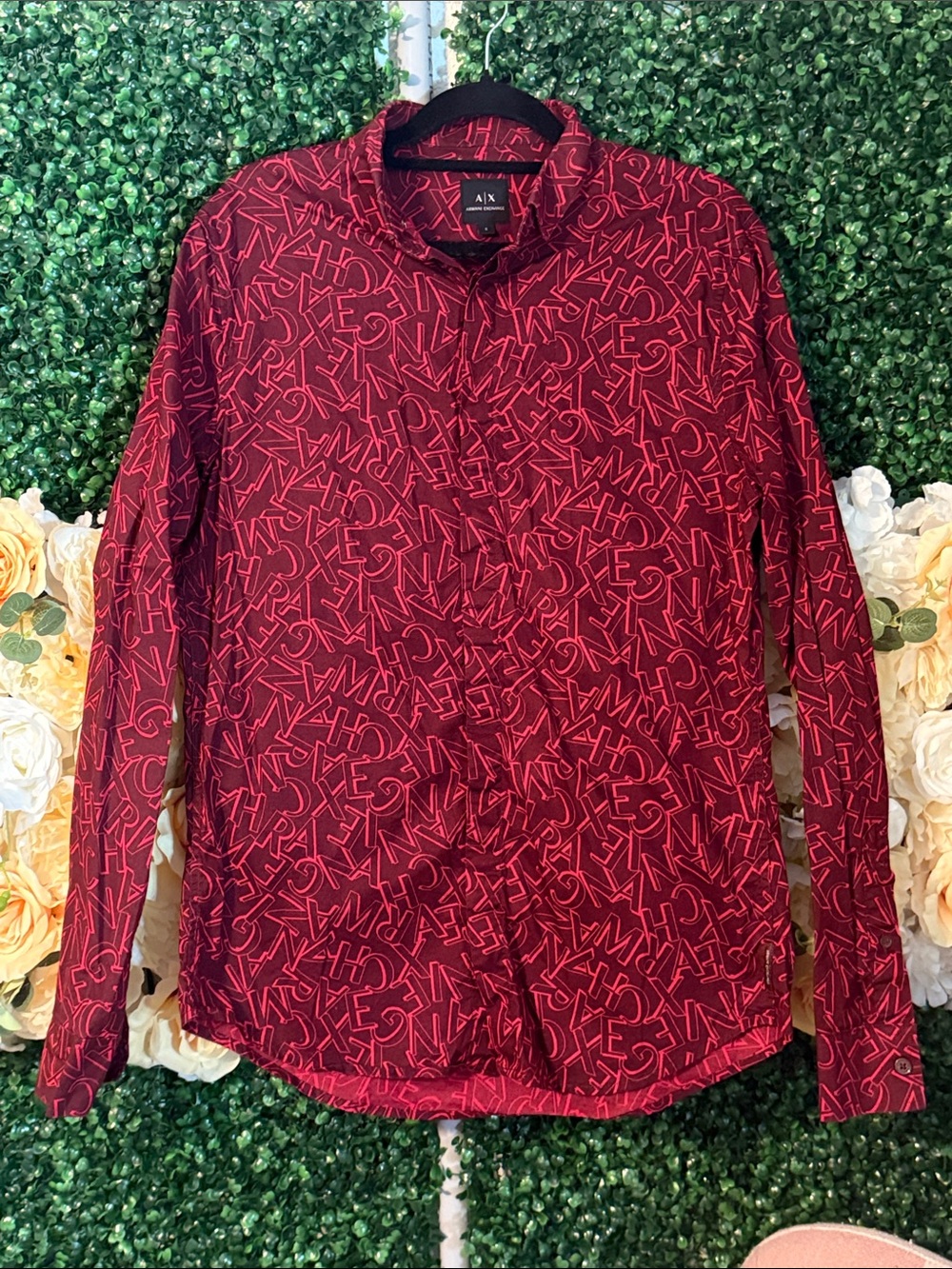 A|X Armani Exchange Red and Black Allover Logo Button-Up Shirt